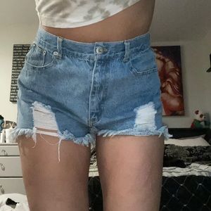 Distressed high waisted light wash jean shorts